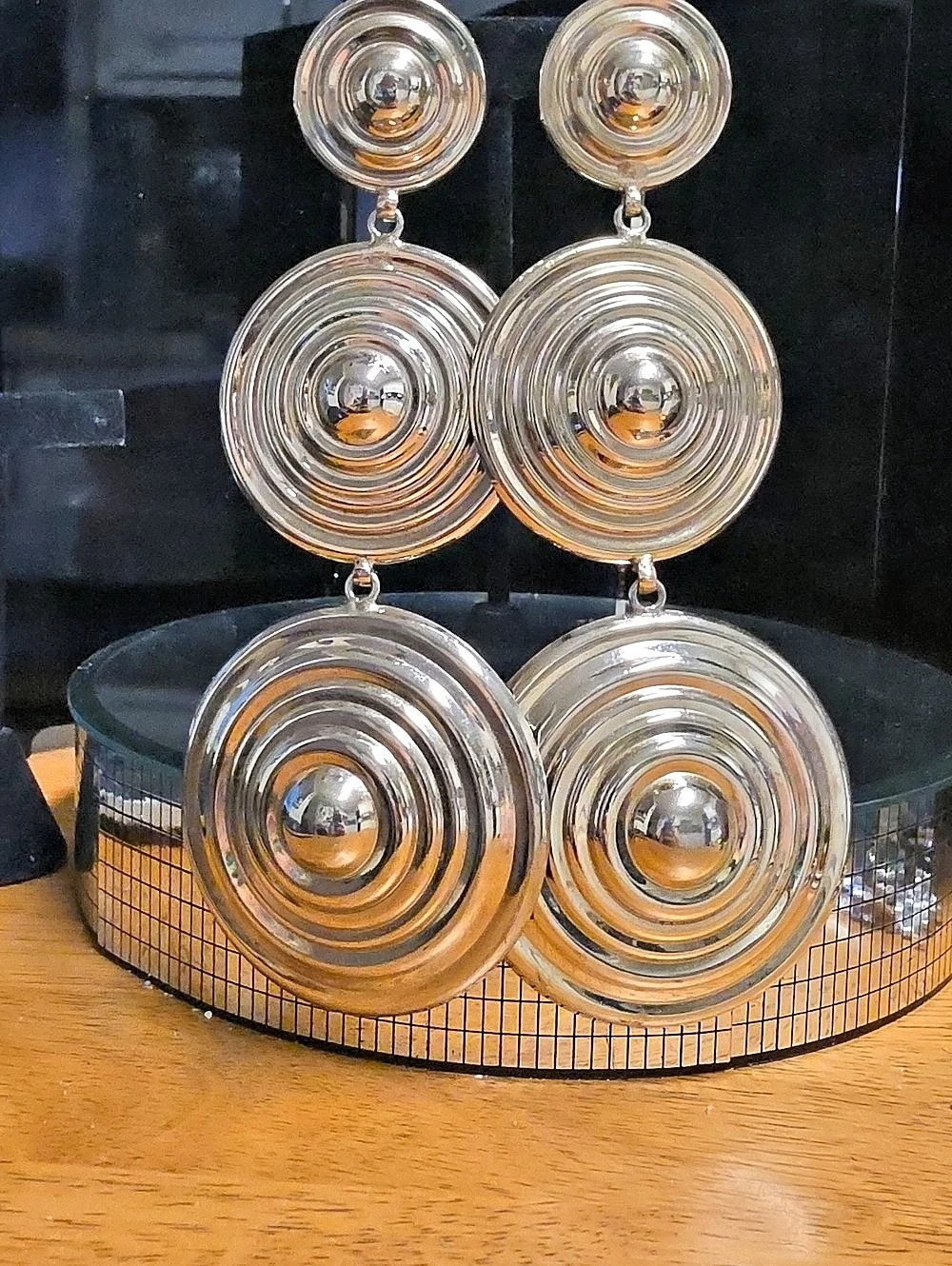 Tiered Concentric Circle Statement Clip On Earrings in Silver Tone